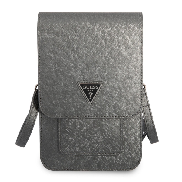 Guess Saffiano Triangle Logo Wallet univerzální pouzdro, šedé